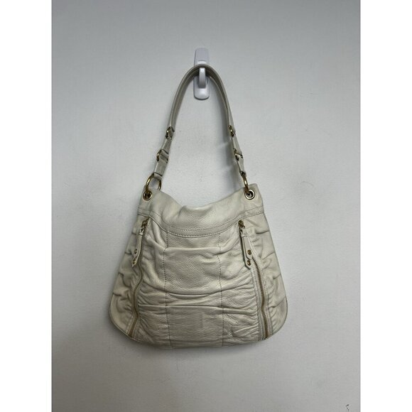 Cole Haan Ruched Cream Genuine Leather Hobo Shoulder Bag Gold accents Zipper - Picture 14 of 14